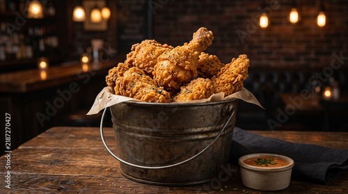 Crispy golden fried chicken pieces served in a rustic metal bucket style object on transparent background