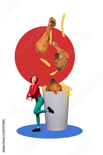Quadro su tela Composite trend artwork sketch image 3D collage of huge bucket fried potato chic