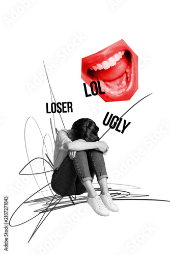 Obraz na plátně Vertical collage young sad unhappy girl depression anxiety apathy despair loser
