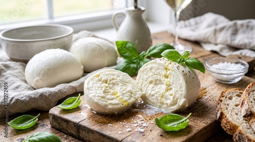 Fresh white mozzarella balls sliced open revealing soft creamy fibrous interiors glistening with moisture in bright natural light