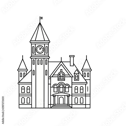 Outline illustration of a building with a clock tower