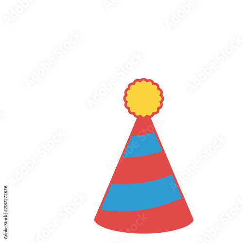 Red and blue striped party hat with yellow pompom
