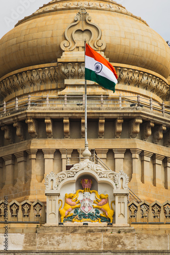 Konstfotografi Indian national flag flying in front of Vidhana Soudha in Bangalore, Karnataka, India, showcasing the iconic government landmark, national pride, and Indian architectural heritage