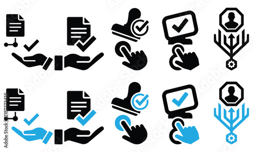 Set of business and digital process icons featuring hands document stamps and touch screen gestures business document interface approval workflow