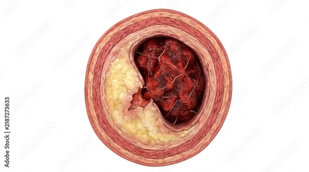 Obraz premium Cross section of an artery showing severe atherosclerosis with plaque buildup vascular disease clogged artery cardiovascular