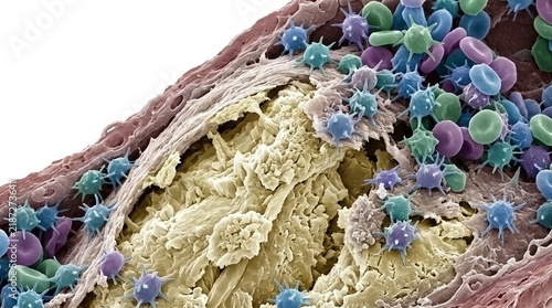 Microscopic view of fibrin strands and blood cells forming a blood clot with blood vessel medical imaging vascular disease