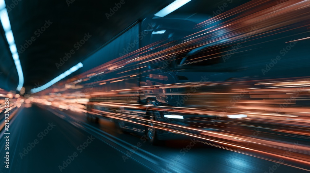 Fototapeta premium Futuristic truck speeding through illuminated tunnel with dynamic light trails, high speed transportation, advanced automotive technology, motion and innovation concept