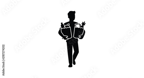 Man carrying grocery bags stands in a black silhouette against a white background shopper consumer