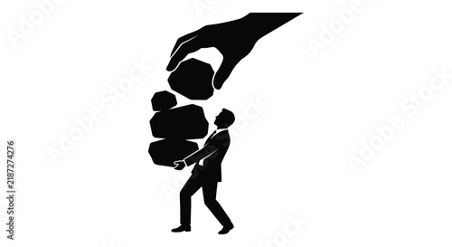 Man carrying stacked stones under a large hand black silhouette burden rocks boulders weight load