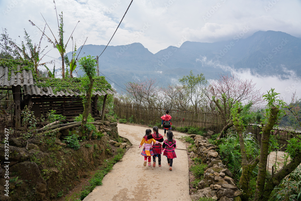Obraz premium Ethnic Children Walking Through a Mountain Village in Lao Cai, Vietnam