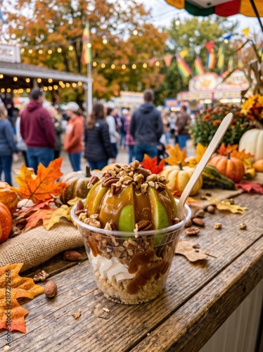 Caramel apple dessert with nuts and drizzle in a cup on a wooden table. Outdoor fall festival background with pumpkins and autumn leaves. Pumpkin spice and seasonal autumn desserts for autumn events.