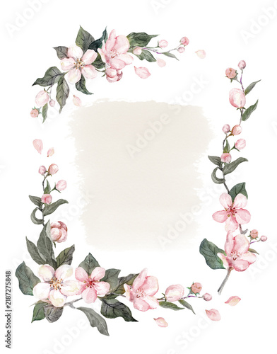 Rectangular watercolor floral border with pink blossoms, unopened buds, leafy stems, and a warm beige center on white, formatted for invitations, certificates, menus, and printable designs.