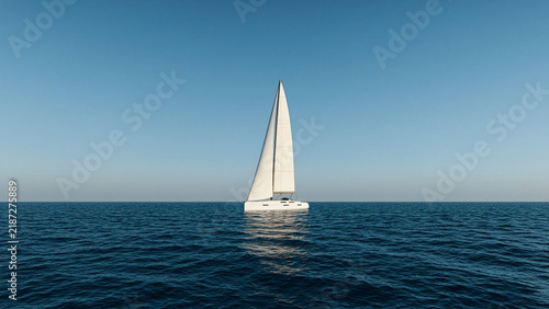 Lonely sailing yacht with a white sail in the open sea, calm ocean, minimalist seascape