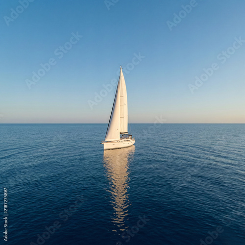 Lonely sailing yacht with a white sail in the open sea, calm ocean, minimalist seascape