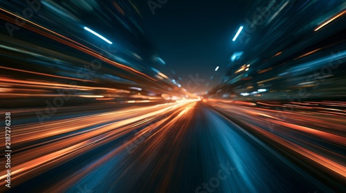 abstract light trails on a dark road at night, dynamic motion blur and long exposure creating a futuristic high-speed background with glowing energy streaks and dramatic nighttime atmosphere