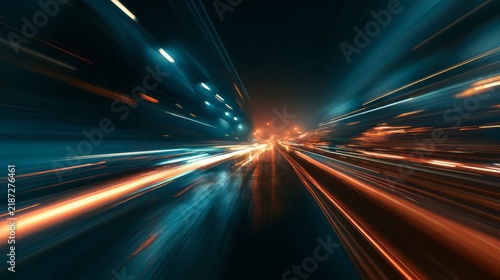 abstract light trails on a dark road at night, dynamic motion blur and long exposure creating a futuristic high-speed background with glowing energy streaks and dramatic nighttime atmosphere
