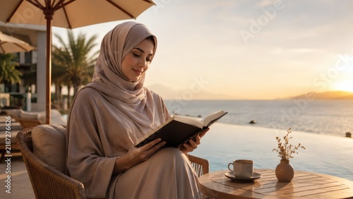 Serene woman reading by seaside at sunset