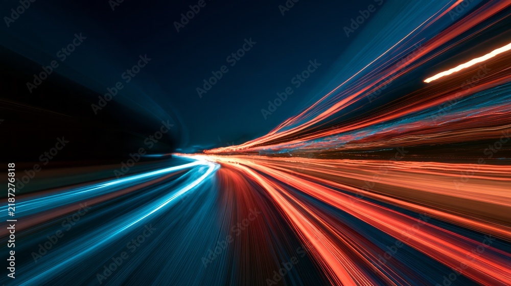 Fototapeta premium abstract light trails on a dark road at night, dynamic motion blur and long exposure creating a futuristic high-speed background with glowing energy streaks and dramatic nighttime atmosphere