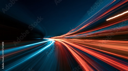 abstract light trails on a dark road at night, dynamic motion blur and long exposure creating a futuristic high-speed background with glowing energy streaks and dramatic nighttime atmosphere