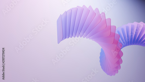 Abstract pastel ribbon spiral gradient purple pink translucent folded wave, curved form across soft blue minimal background, digital render