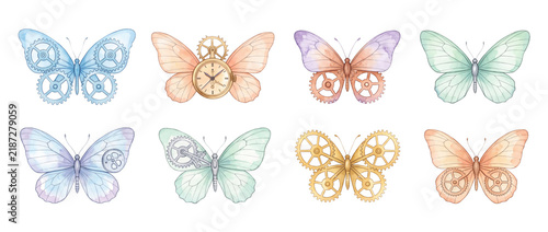 Steampunk butterfly watercolor set mechanical clock gears cogs isolated on black background for vintage fantasy science fiction clip art craft tattoo design elements collection.