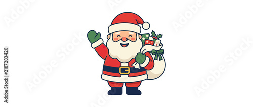 Joyful cartoon character with gift bag waving hello