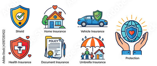 Insurance Icons Set: Shield, Home, Car, Health, Document, Umbrella, Protection