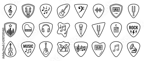 Set of music icons on guitar picks, illustration
