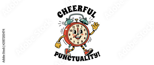 Retro alarm clock character waving happily, isolated