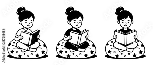 Three girls reading books sitting on bean bags isolated