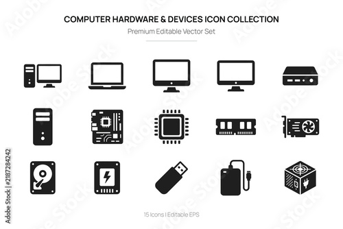Computer hardware and devices icons collection vector illustration on a white background