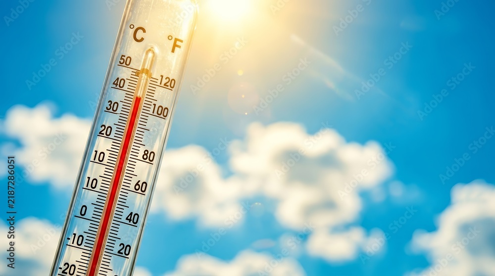 Obraz premium Hot weather measurement with a thermometer indicating high heat and summer temperature.