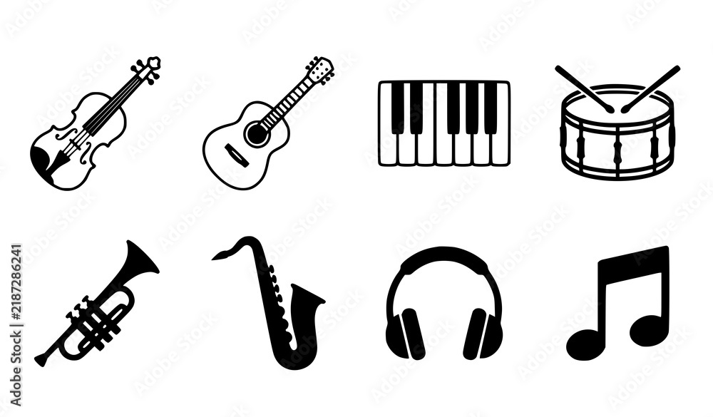 Fototapeta premium Collection of musical instrument symbols and icons including guitar and violin high quality with musical instruments guitar icon piano keys drum icon trumpet icon high quality