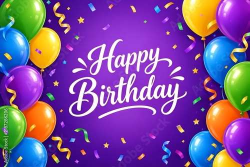 Dark purple birthday party background framed with colorful glossy balloons, flying confetti and winding streamers for event invitations.