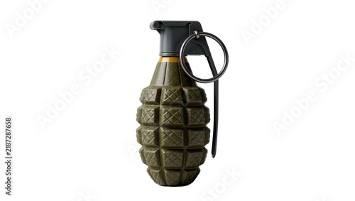 Canvastavla Olive green fragmentation hand grenade with metal pin and ring, isolated on tran