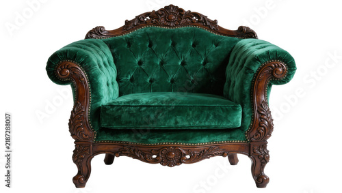 Canvastavla Ornate dark wood armchair with deep green velvet upholstery tufted cushions, iso