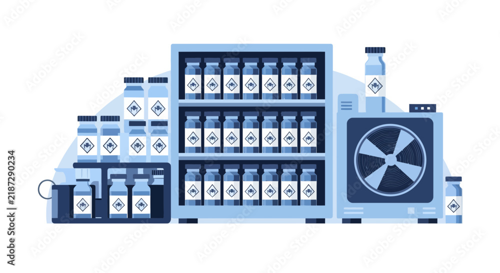 Obraz premium Medical Laboratory Vaccine Storage and Biotech Research Concept with Blue Vials and Cooling Equipment