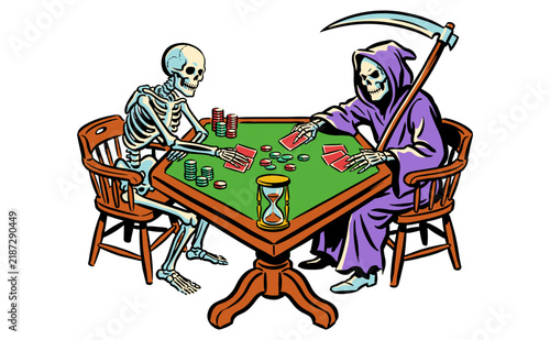 Fotografie Skeleton and Grim Reaper Playing Poker Game at Table with Cards, Chips and Hourglass