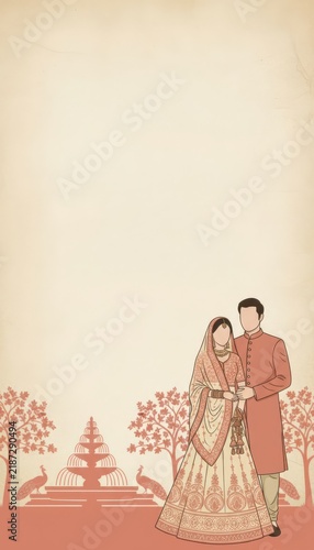 Elegant Indian Wedding Couple Illustration Card Template with Fountain and Peacocks