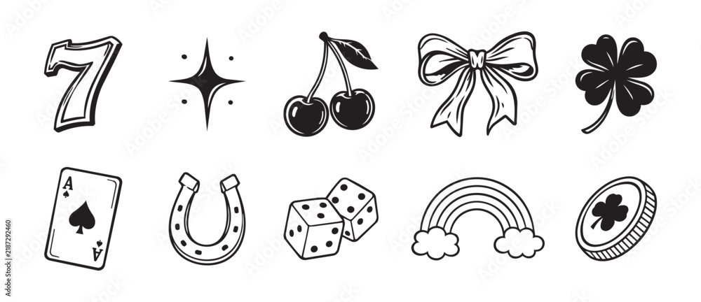 Obraz premium slot machine symbols in hand drawn doodle outline style with playful and whimsical mood, top-down perspective, black and white vector illustration for casino games and lucky symbols themes.