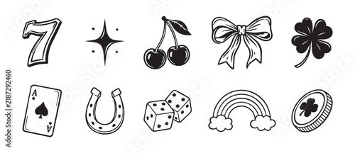 slot machine symbols in hand drawn doodle outline style with playful and whimsical mood, top-down perspective, black and white vector illustration for casino games and lucky symbols themes.