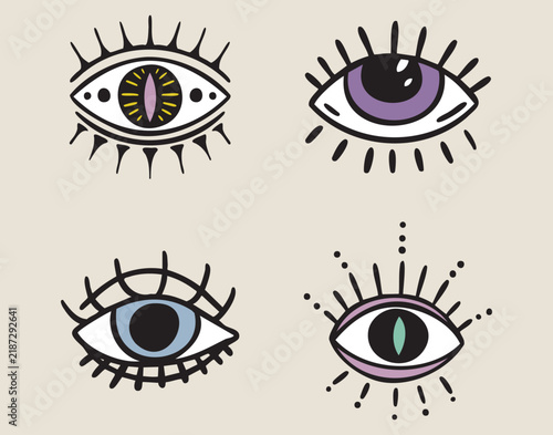 Esoteric all seeing eyes set, mystical patterned eyes, boho mystical witchy hand drawn style
