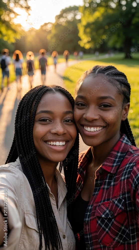 Obraz premium Two young black women take selfie together in park during golden hour. Smiling friends enjoy summer evening outdoors. Happy African female duo celebrates love, pride with rainbow flag background.