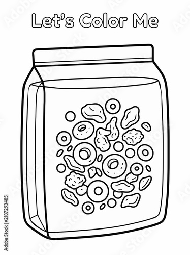 A single-page coloring page featuring fast food and a box of cereal