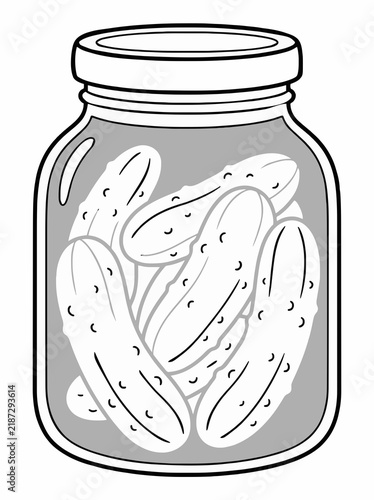 Single-page coloring page featuring fast food and a jar of pickled cucumbers