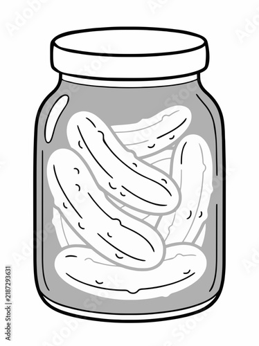 Single-page coloring page featuring fast food and a jar of pickled cucumbers