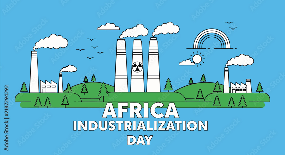 Obraz premium Industrialization vector illustration showing nuclear power plant chimneys and factories under a blue sky for Africa industrialization day concepts