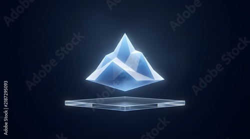 Geometric blue iceberg or crystal floating above a square platform white wallpaper backgrond