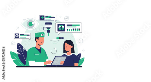 Ophthalmologist Consulting Patient for Eye Health and Vision Care Vector Illustration