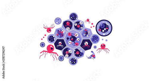 Abstract Microorganism Illustration with Viral Pathogens and Cellular Grid Structure